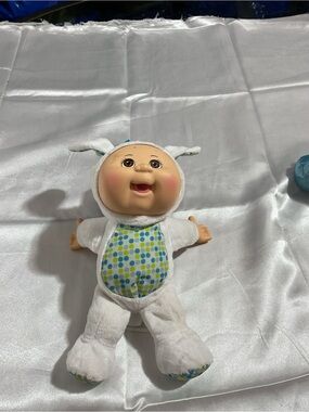Plush Baby Doll in White with Blue & Green Polka Outfit